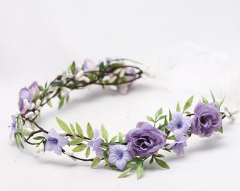 Rustic Flower Crown Lavender Floral Hair Vine Woodland Wedding Hair Halo Boho Wedding Bridal Hair Wreath, Flower girl wreath, bridesmaids