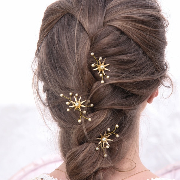 Wedding Hair Pins Star Flower and Champagne Pearl Celestial Bridal Hair Pin Set, Brass Flower Bobbie Pins Hair Jewelry Beaded Headpiece
