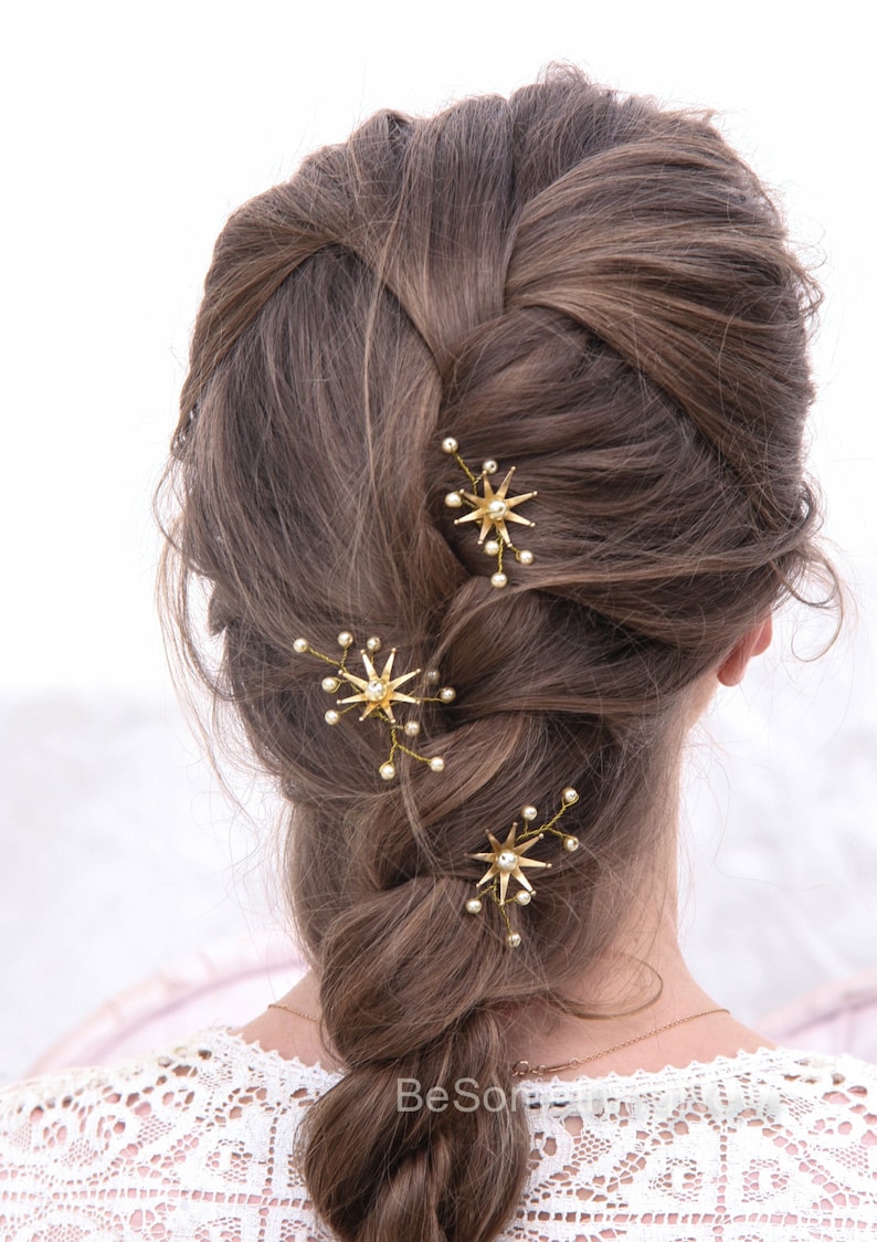 Wedding Hair Pins Star Flower and Champagne Pearl Celestial Etsy