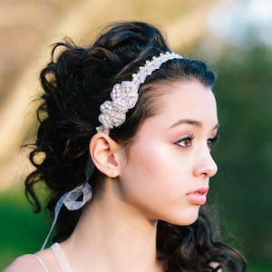 Beaded Lace Tie Wedding Headband: Rhinestone Flower Hair Piece