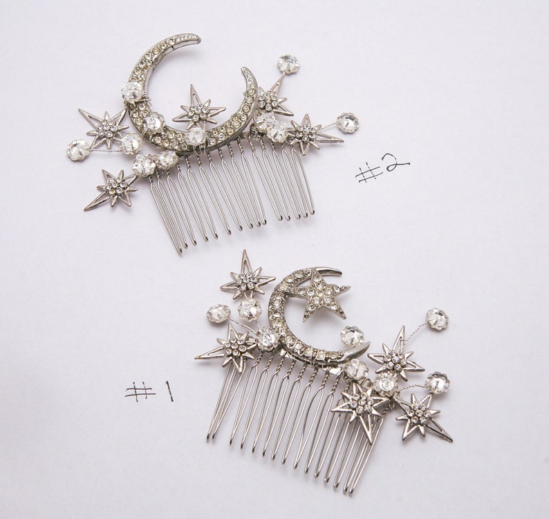 Peigne à cheveux mariage céleste lune vintage, coiffe de mariée lune et étoiles, accessoire cheveux constellation mariages Art déco image 4