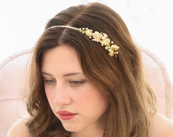 Gold Flower Leaf Headband: Hand-Painted Beaded Wedding Tiara
