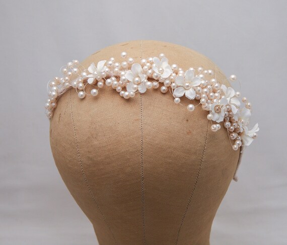 Flower, beaded and pearl wedding boho headband Boho Crochet Lilac Flower Headband, Bridal Pearl Hairpiece  main image 2
