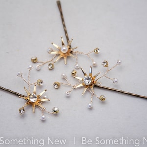 Wedding Hair Pins Star Flower and Champagne Pearl Celestial Bridal Hair Pin Set, Brass Flower Bobbie Pins Hair Jewelry Beaded Headpiece image 9