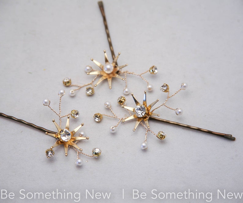 Wedding Hair Pins Star Flower and Champagne Pearl Celestial Bridal Hair Pin Set, Brass Flower Bobbie Pins Hair Jewelry Beaded Headpiece image 9