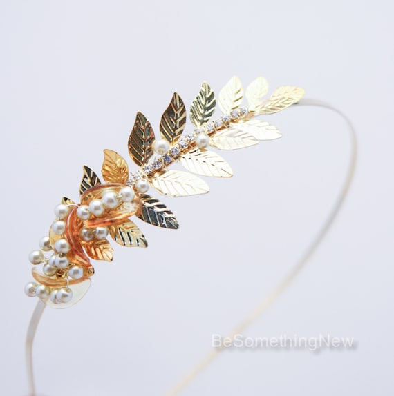 Vintage Gold Leaf Headband w Pearl Grecian Fifties Hair Accessory Jewelry Pretty Leaf Hair Accessory, Golden Leaf Hair Vine, Grecian Hair  main image 3