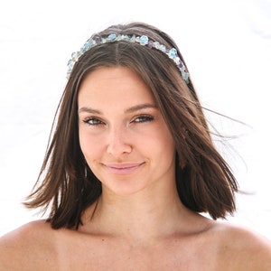 Beaded Headband with Stones in Blues, Greens and Lavenders and Large Crystals Sliver Fashion Headband for Adults