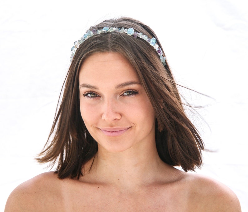 Beaded Headband with Stones in Blues, Greens and Lavenders and Large Crystals Sliver Fashion Headband for Adults