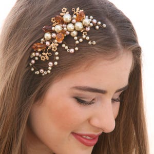 Vintage Crystal & Champagne Pearl Wedding Hair Comb: Gold Headpiece