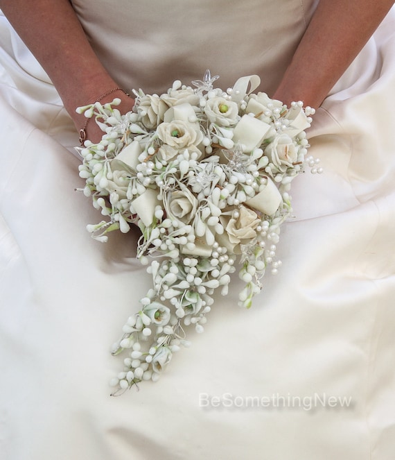 Vintage Ivory Wax Flower Bridal Bouquet, Vintage W