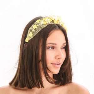 Mustard Yellow and Ivory Flower Crown with Vintage Flowers and Netting Wedding Bridal Headband Spring boho Wedding image 4