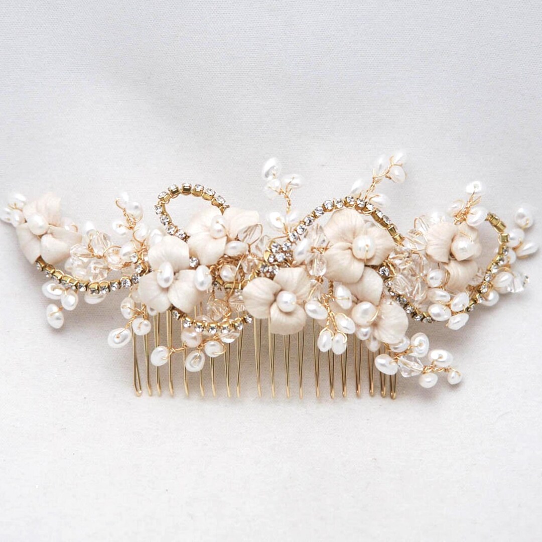 Champagne Wedding Hair Comb: Pearls, Rhinestones, Ivory Flowers - Etsy
