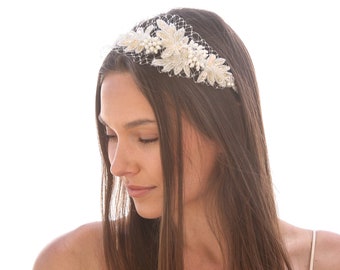 Ivory Net Headband for Women, Wedding Veil Headband Vintage Look Headband Vintage Beaded Leaves