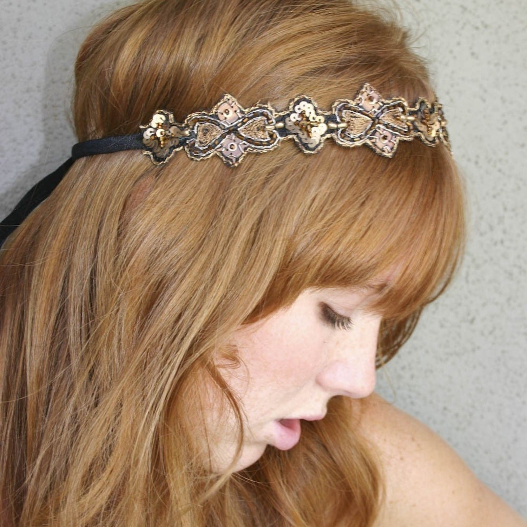 Hippie Chic Bohemian Tie Headband for Women and Teens, Beaded Rust Boho
