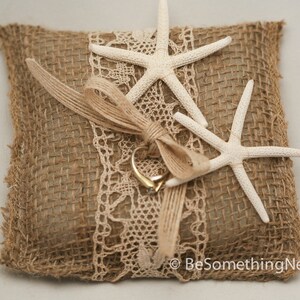 Starfish Ring Bearer Wedding Pillow, Rustic Burlap Vintage Lace Ring Bearer Pillow with Starfish, Beach Weddings Wedding Party Ring Bearer image 2