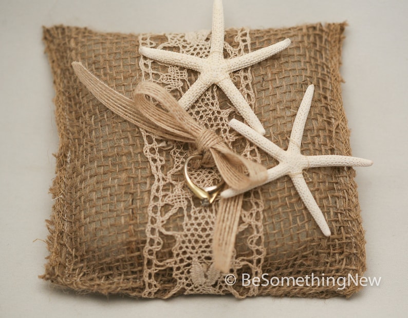 Starfish Ring Bearer Wedding Pillow, Rustic Burlap Vintage Lace Ring Bearer Pillow with Starfish, Beach Weddings Wedding Party Ring Bearer image 2