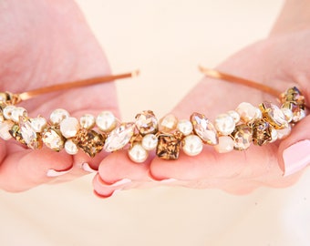 Rhinestone and Pearl Beaded Headband in Gold, Pinks and Champagne, Mother of the Bride