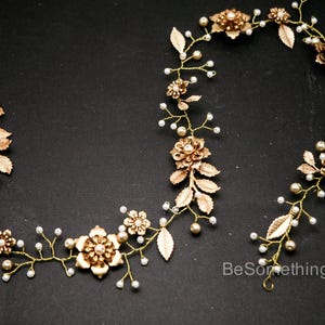 Long Gold Wedding Hair Vine of Wired Pearls and Metal Flowers and Leaves, Bridal Headpiece Gold Hair Wrap, Hair Jewelry Metal Flower Tiara image 5