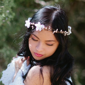 Woodland Wedding Bohemian Hair Wreath with Ribbon Ties, Wedding Hair Accessory, Flower Crown image 2