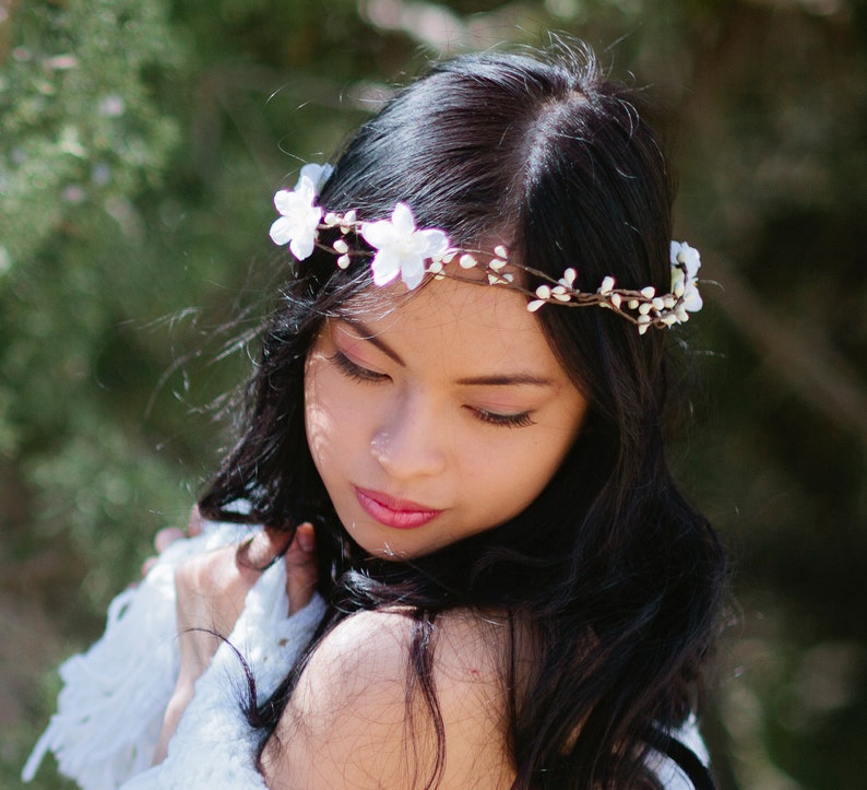 Woodland Wedding Bohemian Hair Wreath with Ribbon Ties, Wedding Hair Accessory, Flower Crown image 2