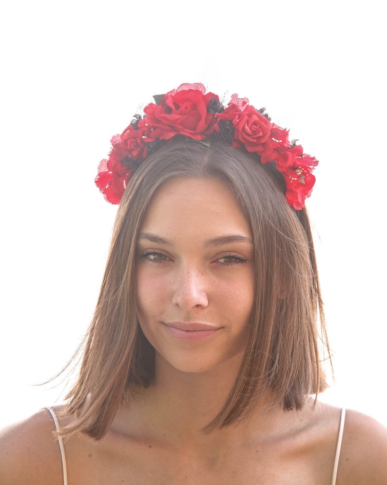 Day Of the Dead Headband Red Roses and Black netting Halloween Hair Accessory Corona de Flores Costume Mexico Mexican Flower Crown