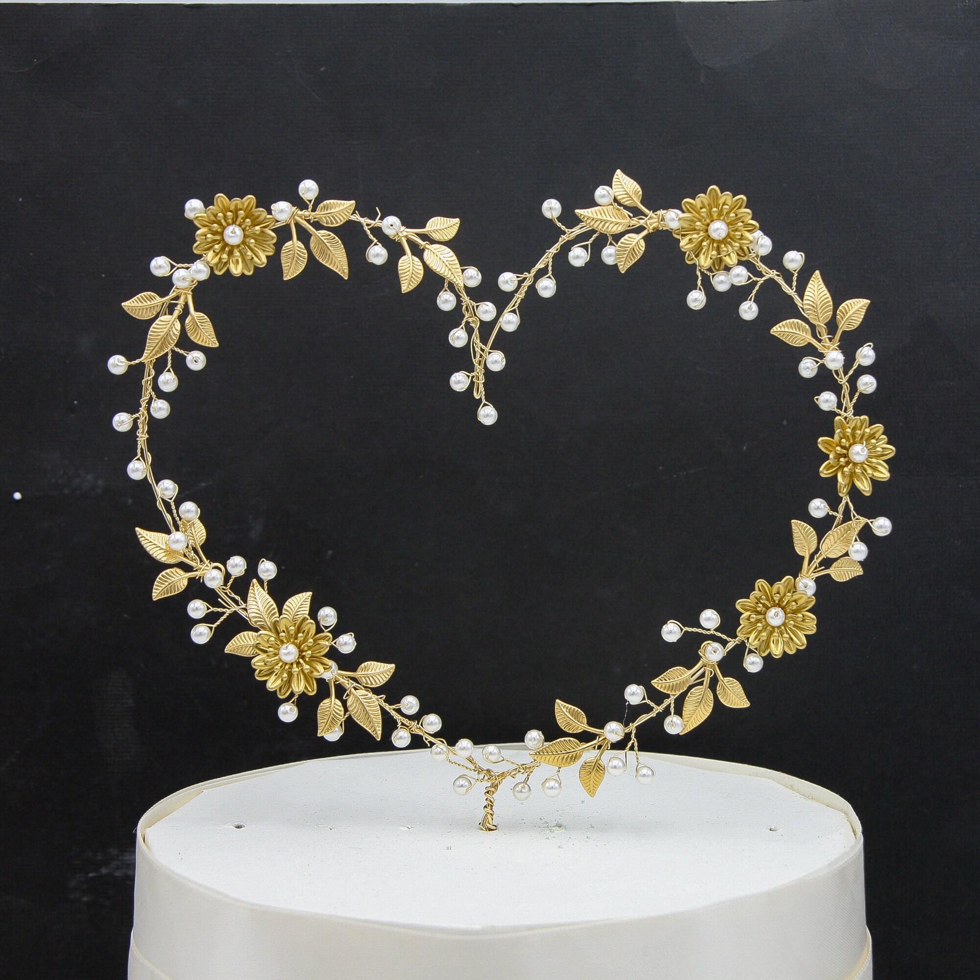 Golden Heart Floral Wedding Cake Topper