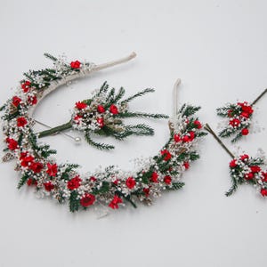 Holiday Dried Flower Crown: Red, Green & Ivory Wedding Headpiece