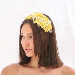Mustard Yellow and Ivory Flower Crown with Vintage Flowers and Netting Wedding Bridal Headband Spring boho Wedding image 3