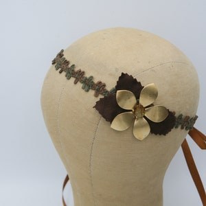 Hippie Bohemian Tie Headband of Camel Suede Trim, brown Leaves and a large metal daisy, Boho Festival Fashion image 6