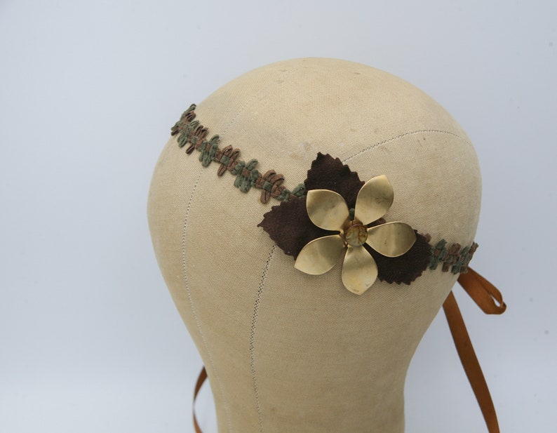 Hippie Bohemian Tie Headband of Camel Suede Trim, brown Leaves and a large metal daisy, Boho Festival Fashion image 6