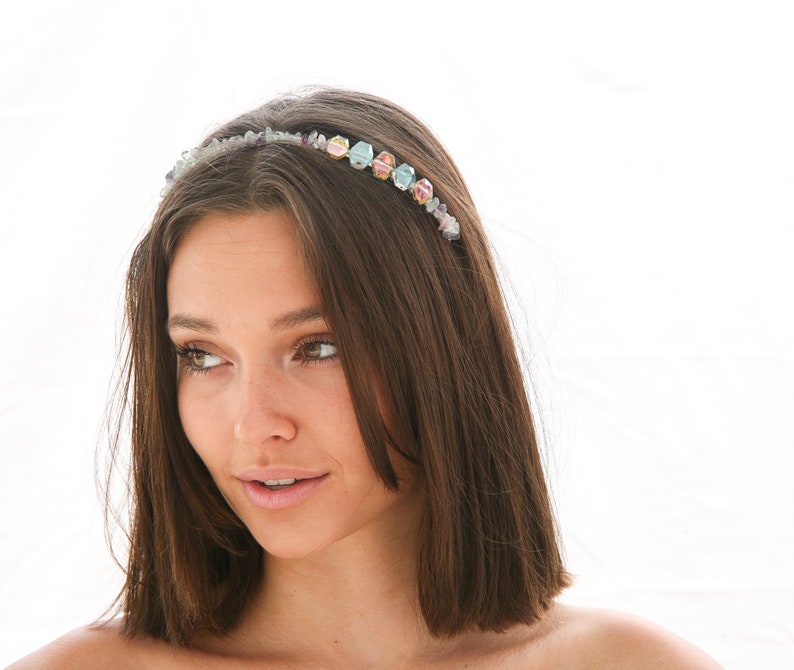 Beaded Headband with Stones in Blues, Greens and Lavenders and Large Crystals Sliver Fashion Headband for Adults image 9