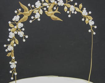 Love birds Wedding Cake Toppers in Gold with Pearls, Gold Doves