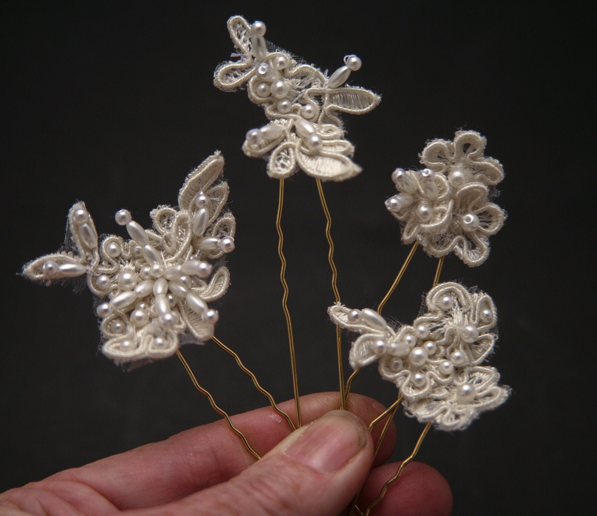 Hair pins with beautiful handmade flowers and beads. 
✨ Package: Pack of 4 pin. Bridal clay flower hairpin set - Floral bud bridal hair pin  main image 4
