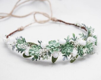 Green Succulent Flower Crown, Wedding Wreath, Boho Wedding