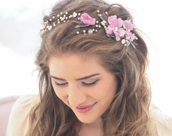 Wedding Hair Vine of Lavender Flowers Pearls and Rhinestones, Wedding Flower Crown Breial Headpiece Garden Wedding Headband Beaded Hair Vine