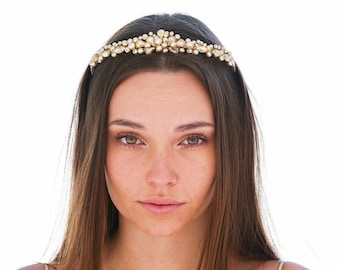 Champagnefärgad pärla och strass bröllopstiara, brudpannband