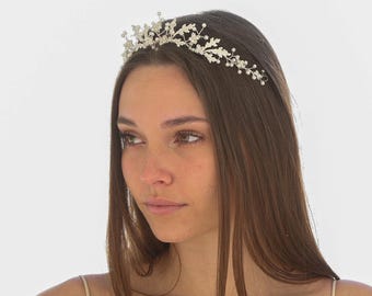 Silver Tiara with Metal Leaves, Pearls and Rhinestone flowers, Boho Wedding Headpeices