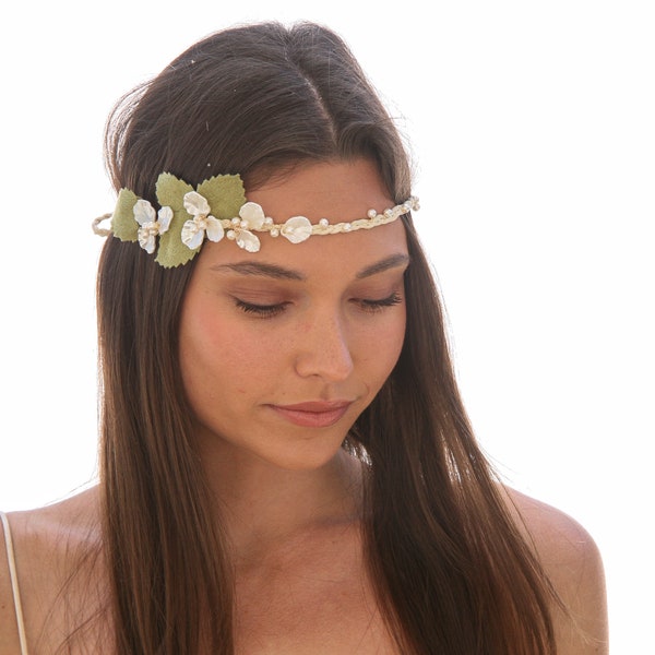 Hippie Bohemian Tie Headband of Ivory Suede and Flowers and Pearls, Music Festival Headband For Women and Teens, Boho Festival Fashion