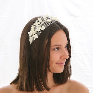 Ivory Birdcage Wedding Headband: Net Floral Bridal Headpiece