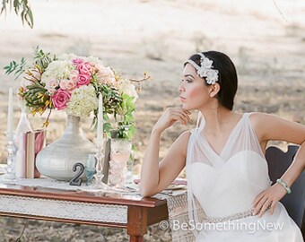 Silver and Ivory Wedding Hair Accessory Beaded Double Tie Headband with Petals and Crystals