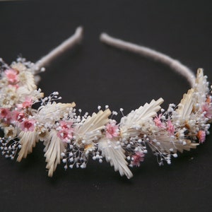 Dried Flower and Babies Breath Natural Boho Wedding Headband, Bridal Flower Crown Headpiece in Pink and Ivory
