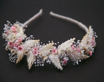 Dried Flower and Babies Breath Natural Boho Wedding Headband, Bridal Flower Crown Headpiece in Pink and Ivory