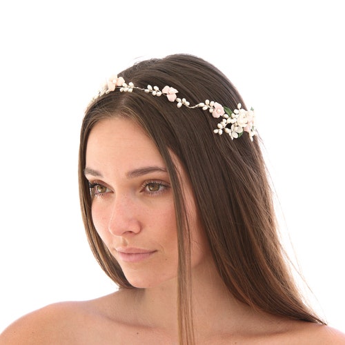 Wedding Hair Vine of Ivory and Pastel Clay Flowers and Fresh Water Pearls Wedding Headpiece Blush Pink Flower Crown .br Wedding Hair Vine of Ivory and Pastel Clay Flowers and Fresh Water Pearls Wedding Headpiece Blush Pink Flower Crown .br