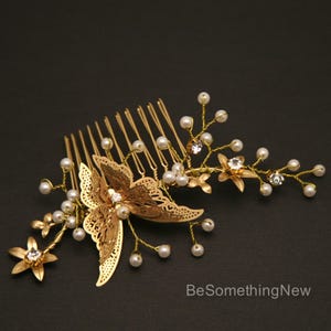 Gold Butterfly Comb, Beaded Golden Boho Hair Comb Gold Wedding Hair Comb, Metal Flower and Butterfly Beaded Comb set