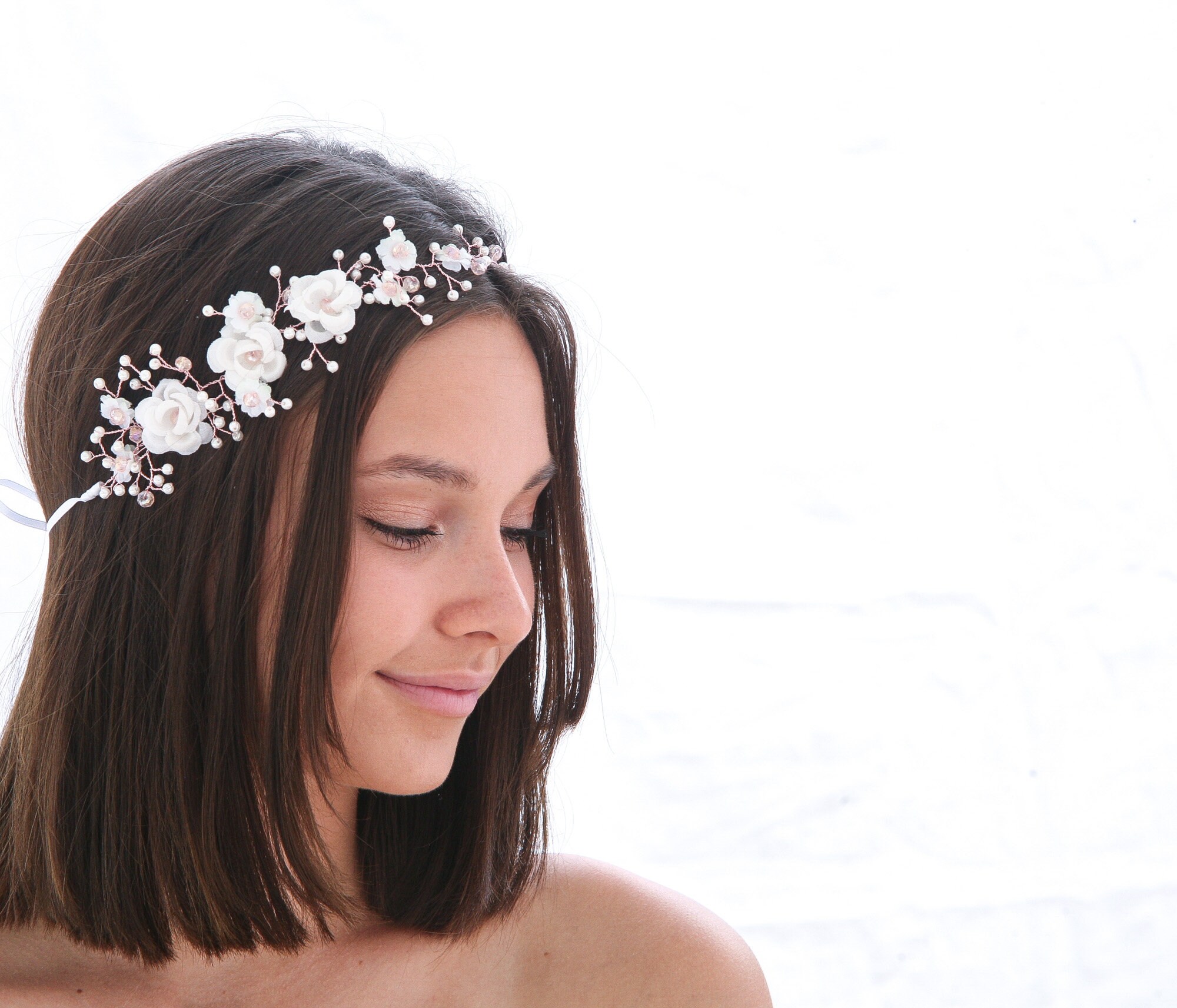 White and Rose Gold Flower Crown Beaded Woodland Wedding Hair Etsy