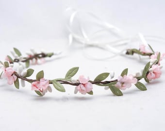 Flower Crown Pink and Green, Wedding Halo, Small Floral Headbands, Bridesmaids Hair Accessory, Flower Girl Headpiece