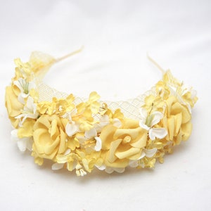 Mustard Yellow and Ivory Flower Crown with Vintage Flowers and Netting Wedding Bridal Headband Spring boho Wedding image 8