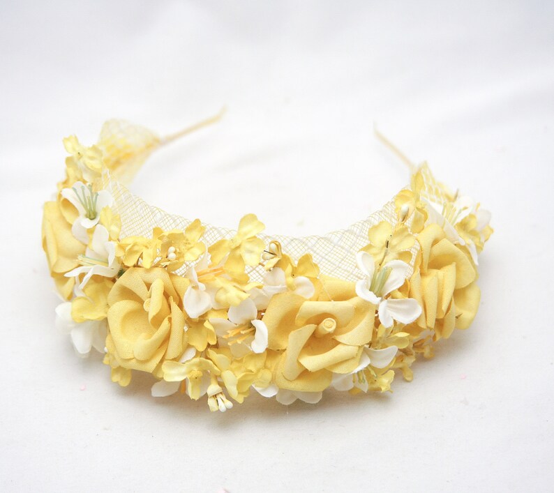 Mustard Yellow and Ivory Flower Crown with Vintage Flowers and Netting Wedding Bridal Headband Spring boho Wedding image 8