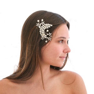 Peigne à cheveux mariage céleste lune vintage, coiffe de mariée lune et étoiles, accessoire cheveux constellation mariages Art déco image 2