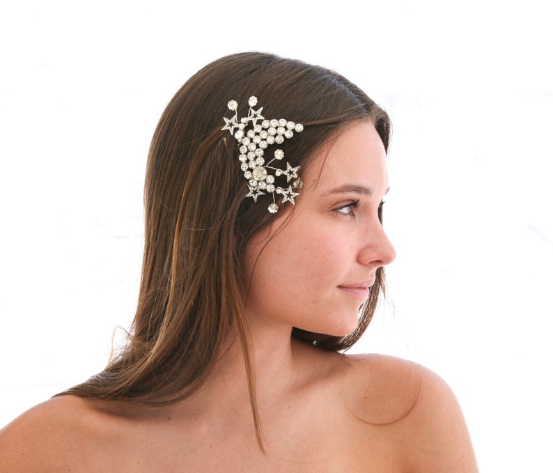 Peigne à cheveux mariage céleste lune vintage, coiffe de mariée lune et étoiles, accessoire cheveux constellation mariages Art déco image 2